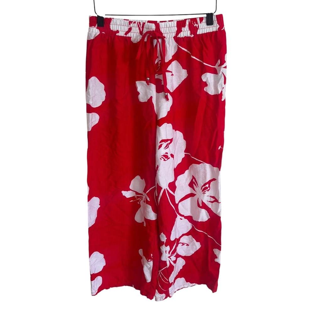 Mlle Gabrielle Red White Floral Wide Leg Drawstring Pants Small Tropical Summer